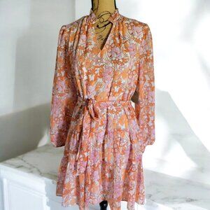 REYGRASS Long Sleeve Orange Pink Floral Dress Light Sheer Fabric Women's SZ‎ M